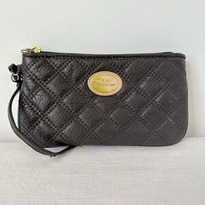 The SAK Brown Genuine Leather Quilted Wristlet Brass Hardware‎ Zip Pouch